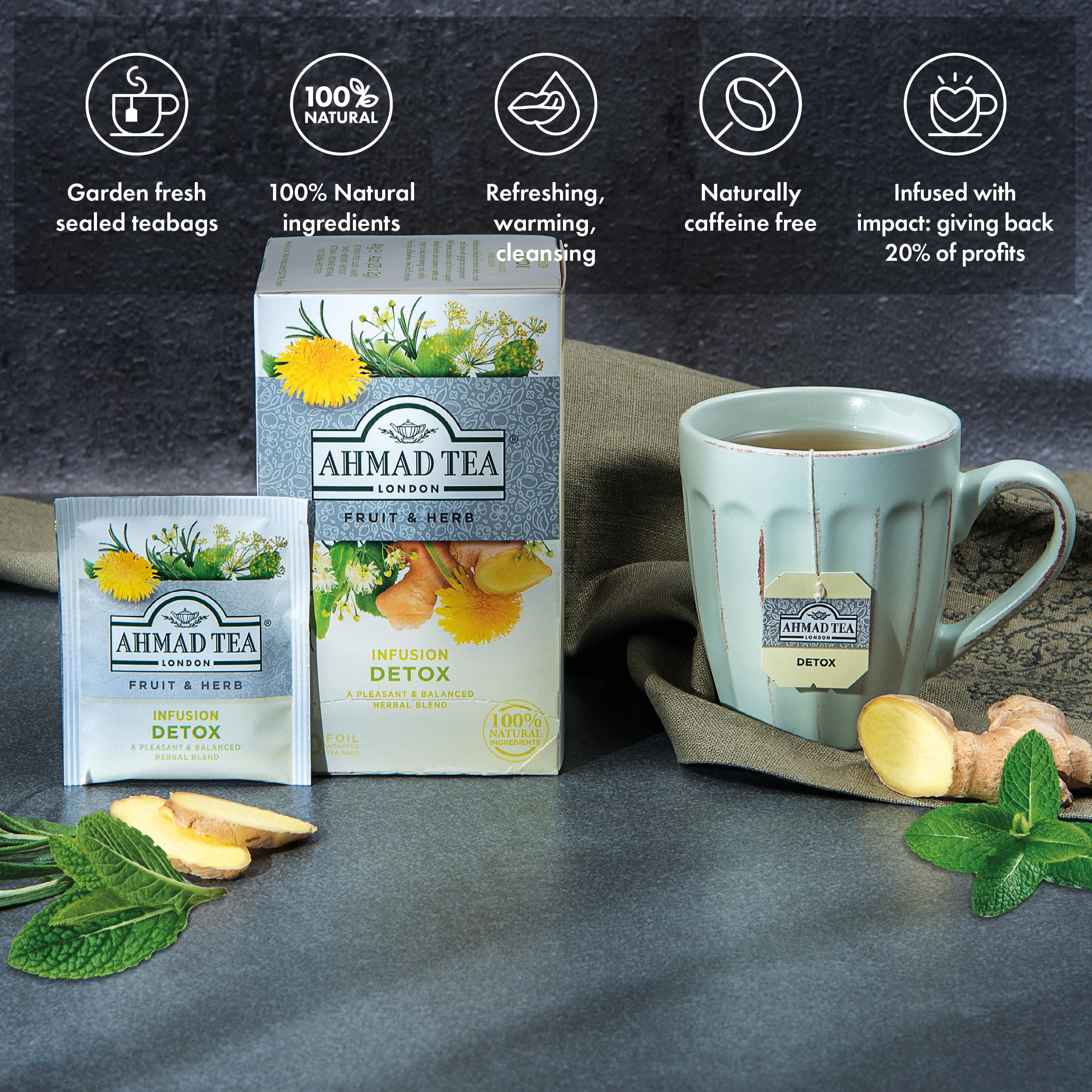 Ahmad Tea Herbal Tea, Ginger, Peppermint, Fennel, Dandelion, & Birch 'Detox' Teabags, 20 ct (Pack of 6) - Decaffeinated & Sugar-Free - Image 8