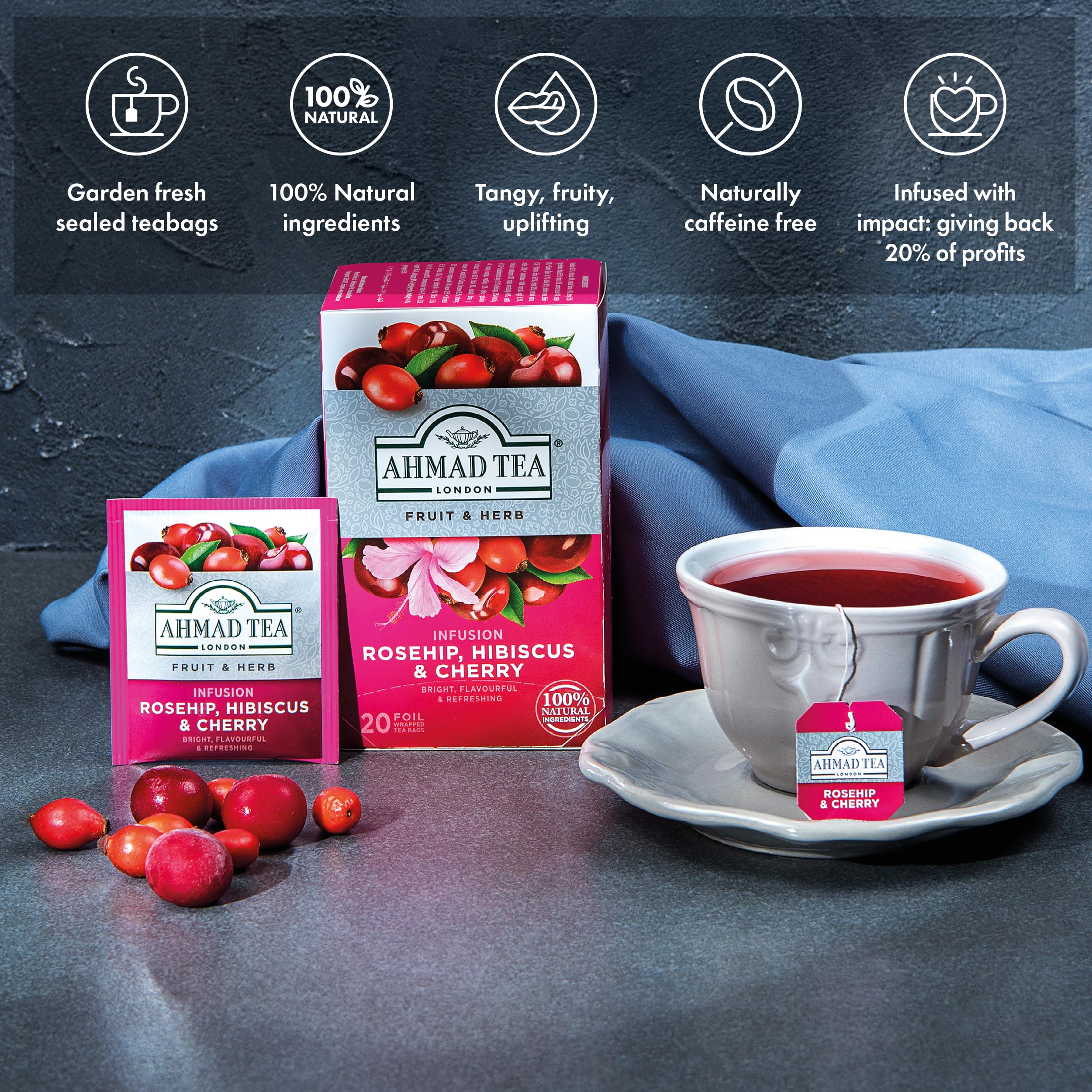 Ahmad Tea Rosehip & Cherry Infusion, 20-Count Tea Bags, Rosehip, Hibiscus & Cherry , 1.4 Oz, (Pack of 6) - Image 6